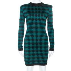 Pre Owned Balmain Bicolor Knit Long Sleeve Intarsia Mini Dress S
