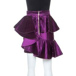 Pre Owned Balmain Purple Satin Pleated Asymmetric Ruffled Mini Skirt S