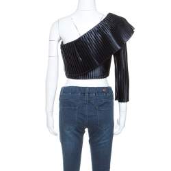 Pre Owned Balmain Midnight Blue Satin Pleated One Shoulder Crop Top S