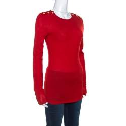 Pre Owned Balmain Red Wool Knit Button Detail Long Sleeve Top M