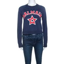 Pre Owned Balmain Navy Blue Logo Embroidered Knit Cropped Top S