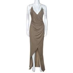 Pre Owned Balmain Taupe Green Jersey Draped Crystal Strap Dress M