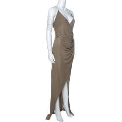 Pre Owned Balmain Taupe Green Jersey Draped Crystal Strap Dress M