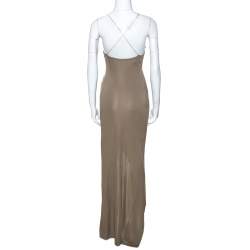 Pre Owned Balmain Taupe Green Jersey Draped Crystal Strap Dress M
