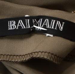 Pre Owned Balmain Taupe Green Jersey Draped Crystal Strap Dress M