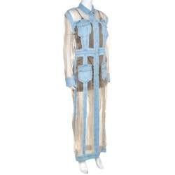 Pre Owned Balmain Bicolor Sheer Silk Panelled Denim Trim Shirt Dress L
