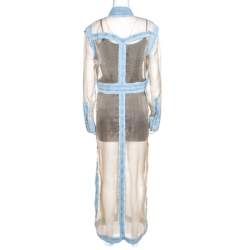 Pre Owned Balmain Bicolor Sheer Silk Panelled Denim Trim Shirt Dress L