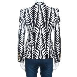 Pre Owned Balmain Monochrome Jacquard Geometric Pattern Double Breasted Jacket M