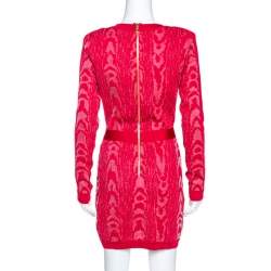 Pre Owned Balmain Red Moire Jacquard Knit Mini Dress M