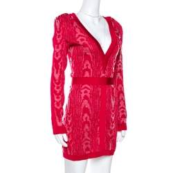 Pre Owned Balmain Red Moire Jacquard Knit Mini Dress M