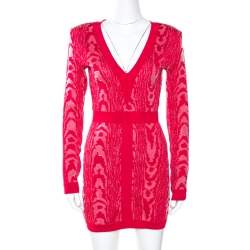 Pre Owned Balmain Red Moire Jacquard Knit Mini Dress S