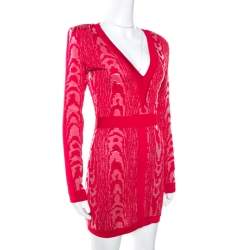 Pre Owned Balmain Red Moire Jacquard Knit Mini Dress S