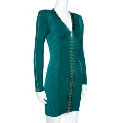 Pre Owned Balmain Green Rib Knit Hook & Eye Detail Mini Dress S