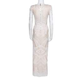Pre Owned Balmain White Geometric Open Knit Long Sleeve Fitted Dress M