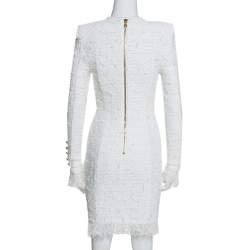 Pre Owned Balmain White Distressed Tweed Fringe Detail Fitted Dress S