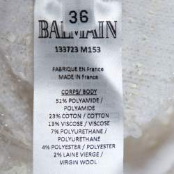 Pre Owned Balmain White Distressed Tweed Fringe Detail Fitted Dress S