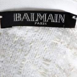 Pre Owned Balmain White Distressed Tweed Fringe Detail Fitted Dress S