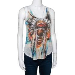 Balmain Pale Grey Linen Jersey Red Indian Print Sleeveless Tank Top S
