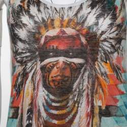 Balmain Pale Grey Linen Jersey Red Indian Print Sleeveless Tank Top S