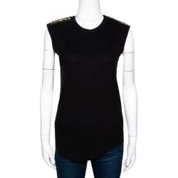 Pre Owned Balmain Black Cotton Metal & Leather Shoulder Trim Sleeveless T-Shirt S 