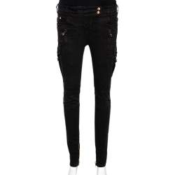 Balmain Black Cotton Zipper Detail Skinny Pants S