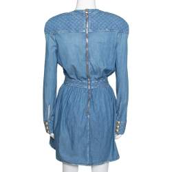 Pre Owned Balmain Blue Quilted Denim Long Sleeve Dress S