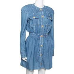 Pre Owned Balmain Blue Quilted Denim Long Sleeve Dress S