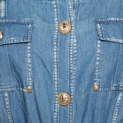 Pre Owned Balmain Blue Quilted Denim Long Sleeve Dress S