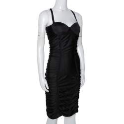 Pre Owned Balmain Black Stretch Knit Ruched Bustier Dress M