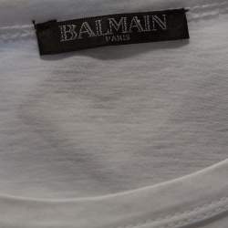 Pre Owned Balmain White Logo Print Cotton Side Zip Detail Oversized T-Shirt L