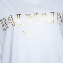 Pre Owned Balmain White Logo Print Cotton Side Zip Detail Oversized T-Shirt L
