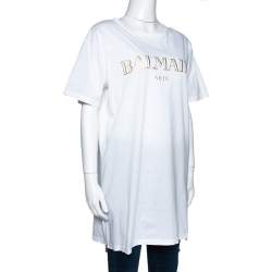 Pre Owned Balmain White Logo Print Cotton Side Zip Detail Oversized T-Shirt L