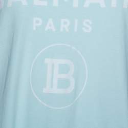 Pre Owned Balmain Light Blue Flock Logo Print Cotton Crew Neck T-Shirt L