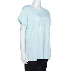 Pre Owned Balmain Light Blue Flock Logo Print Cotton Crew Neck T-Shirt L