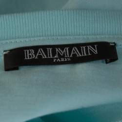 Pre Owned Balmain Light Blue Flock Logo Print Cotton Crew Neck T-Shirt L