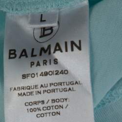 Pre Owned Balmain Light Blue Flock Logo Print Cotton Crew Neck T-Shirt L