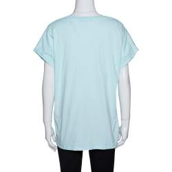 Pre Owned Balmain Light Blue Flock Logo Print Cotton Crew Neck T-Shirt L