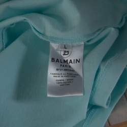 Pre Owned Balmain Light Blue Flock Logo Print Cotton Crew Neck T-Shirt L