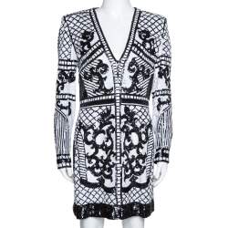 Pre Owned Balmain Monochrome Baroque Sequin Embellished Mini Dress M