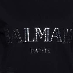 Pre Owned Balmain Black Cotton Metallic Logo Applique Cropped Sweatshirt Top M