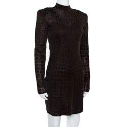 Pre Owned Balmain Brown Crocodile Effect Knit Fitted Mini Dress S