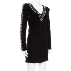 Pre Owned Balmain Black Velvet Studded Mini Dress M