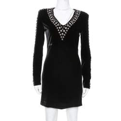 Pre Owned Balmain Black Velvet Studded Mini Dress M
