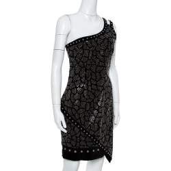 Pre Owned Balmain Black Velvet Stud Embellished One Shoulder Mini Dress L