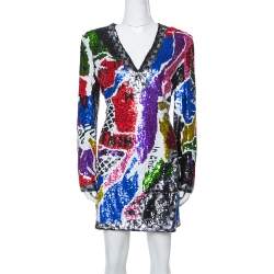 Pre Owned Balmain Multicolor Abstract Sequin Embellished Fitted Mini Dress L