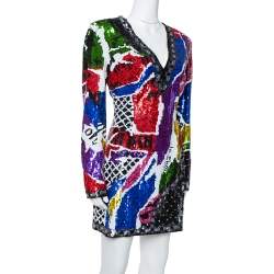 Pre Owned Balmain Multicolor Abstract Sequin Embellished Fitted Mini Dress L
