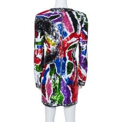 Pre Owned Balmain Multicolor Abstract Sequin Embellished Fitted Mini Dress L