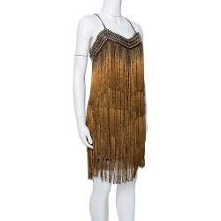 Pre Owned Balmain Gold Fringed Stud Embellished Fitted Mini Dress M