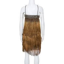 Pre Owned Balmain Gold Fringed Stud Embellished Fitted Mini Dress M