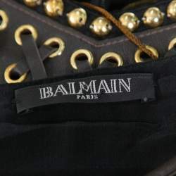 Pre Owned Balmain Gold Fringed Stud Embellished Fitted Mini Dress M